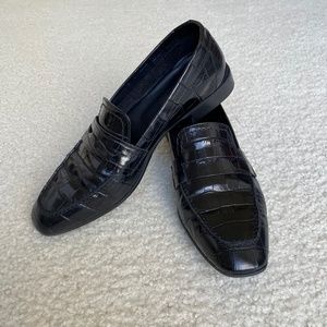 Black leather, croc-embossed loafers